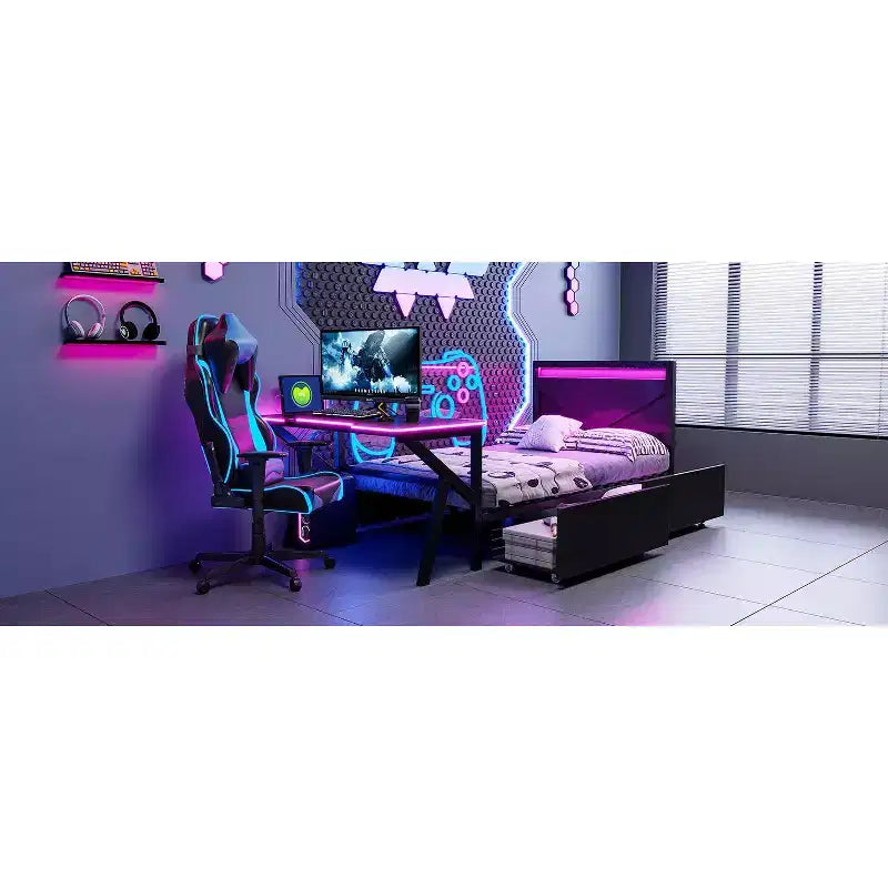 Lit simple gaming avec bureau, lumières LED et tiroirs de rangement, cadre en métal, noir