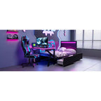 Lit simple gaming avec bureau, lumières LED et tiroirs de rangement, cadre en métal, noir