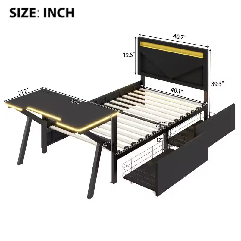 Lit simple gaming avec bureau, lumières LED et tiroirs de rangement, cadre en métal, noir