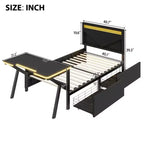Lit simple gaming avec bureau, lumières LED et tiroirs de rangement, cadre en métal, noir