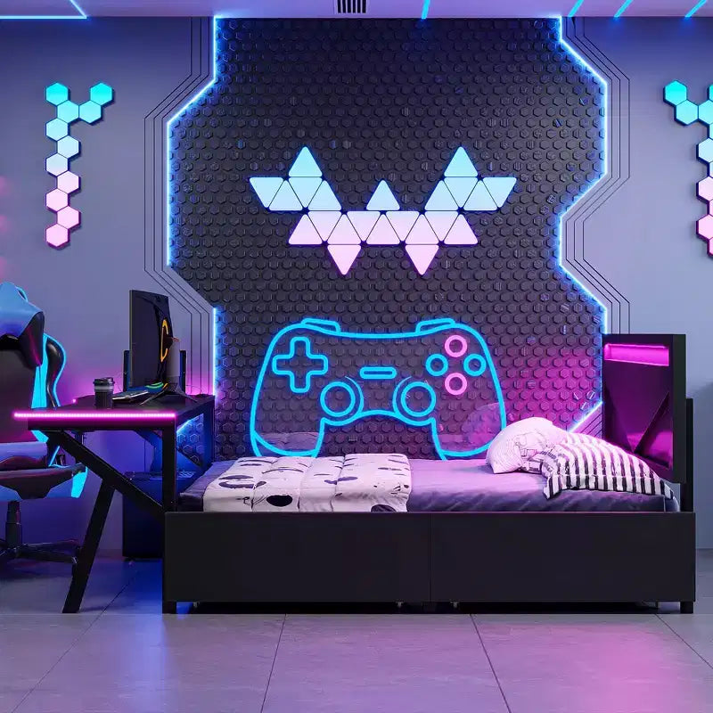 Lit simple gaming avec bureau, lumières LED et tiroirs de rangement, cadre en métal, noir