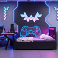 Lit simple gaming avec bureau, lumières LED et tiroirs de rangement, cadre en métal, noir