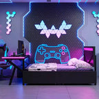 Lit simple gaming avec bureau, lumières LED et tiroirs de rangement, cadre en métal, noir