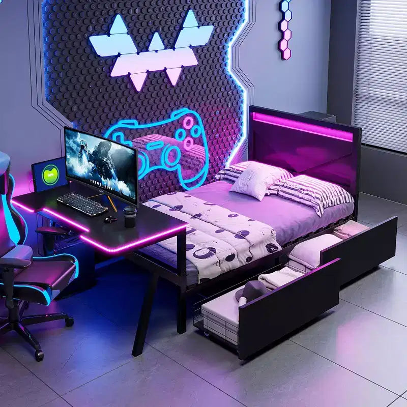 Lit simple gaming avec bureau, lumières LED et tiroirs de rangement, cadre en métal, noir