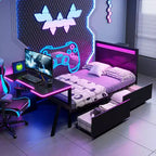 Lit simple gaming avec bureau, lumières LED et tiroirs de rangement, cadre en métal, noir