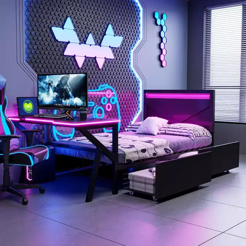 Lit simple gaming avec bureau, lumières LED et tiroirs de rangement, cadre en métal, noir