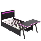 Lit simple gaming avec bureau, lumières LED et tiroirs de rangement, cadre en métal, noir