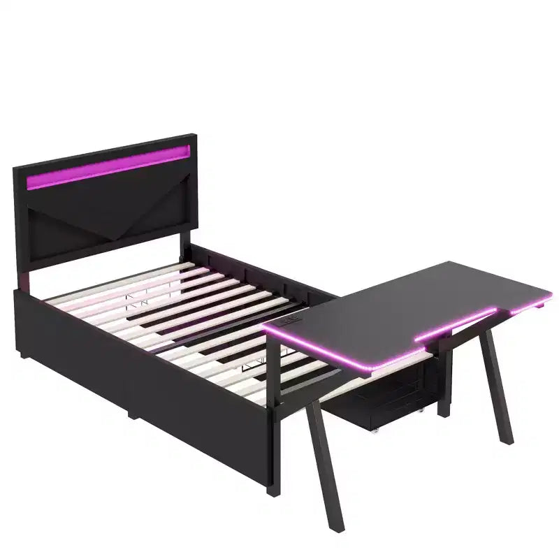 Lit simple gaming avec bureau, lumières LED et tiroirs de rangement, cadre en métal, noir