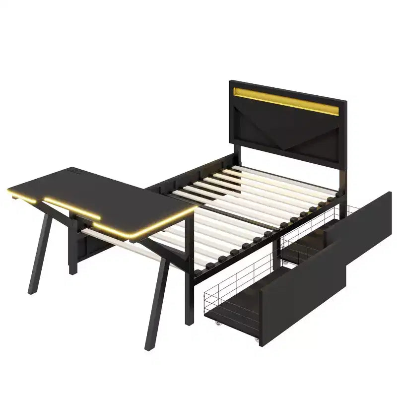 Lit simple gaming avec bureau, lumières LED et tiroirs de rangement, cadre en métal, noir