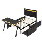 Lit simple gaming avec bureau, lumières LED et tiroirs de rangement, cadre en métal, noir