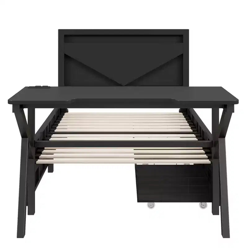 Lit simple gaming avec bureau, lumières LED et tiroirs de rangement, cadre en métal, noir