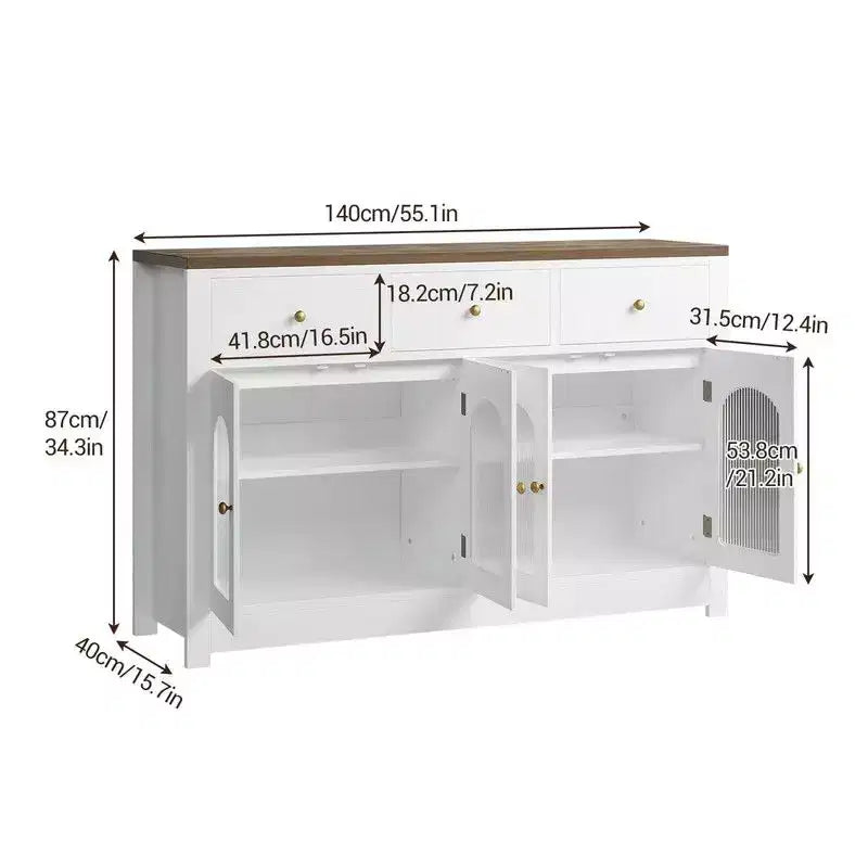 Bahut buffet de 140 cm avec 3 tiroirs et 4 portes, meuble de bar à café en bois