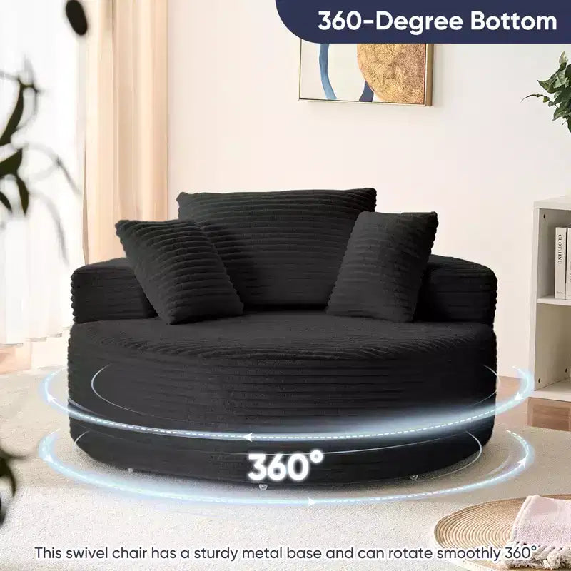 Fauteuil pivotant 360° en velours côtelé avec oreiller, fauteuil de lecture à assise profonde