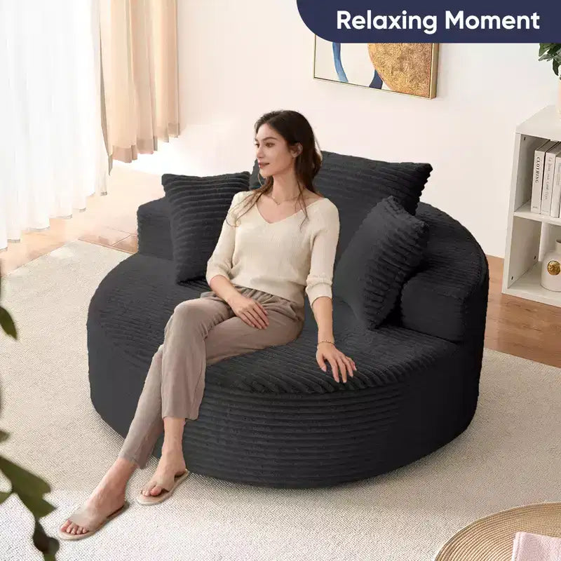 Fauteuil pivotant 360° en velours côtelé avec oreiller, fauteuil de lecture à assise profonde