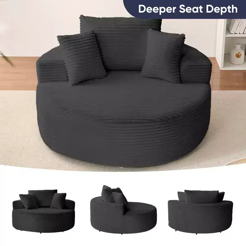Fauteuil pivotant 360° en velours côtelé avec oreiller, fauteuil de lecture à assise profonde