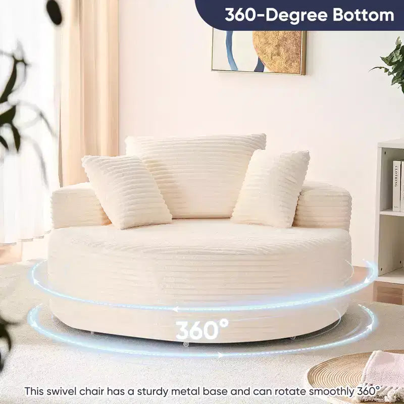 Fauteuil pivotant 360° en velours côtelé avec oreiller, fauteuil de lecture à assise profonde