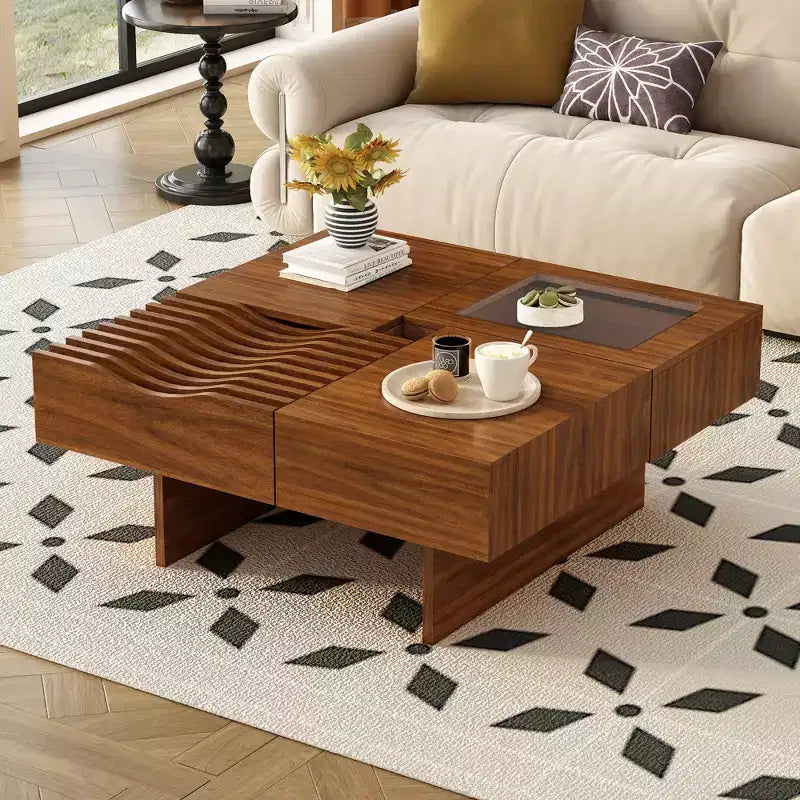 Table basse carrée extensible avec tiroirs, table basse centrale unique en verre trempé avec espace de rangement pour salon