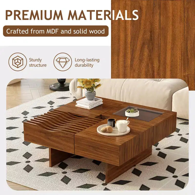 Table basse carrée extensible avec tiroirs, table basse centrale unique en verre trempé avec espace de rangement pour salon