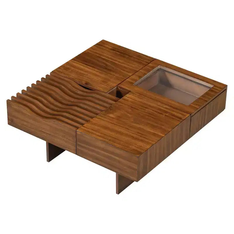 Table basse carrée extensible avec tiroirs, table basse centrale unique en verre trempé avec espace de rangement pour salon