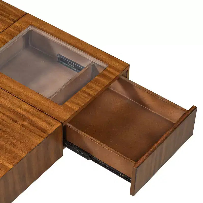 Table basse carrée extensible avec tiroirs, table basse centrale unique en verre trempé avec espace de rangement pour salon