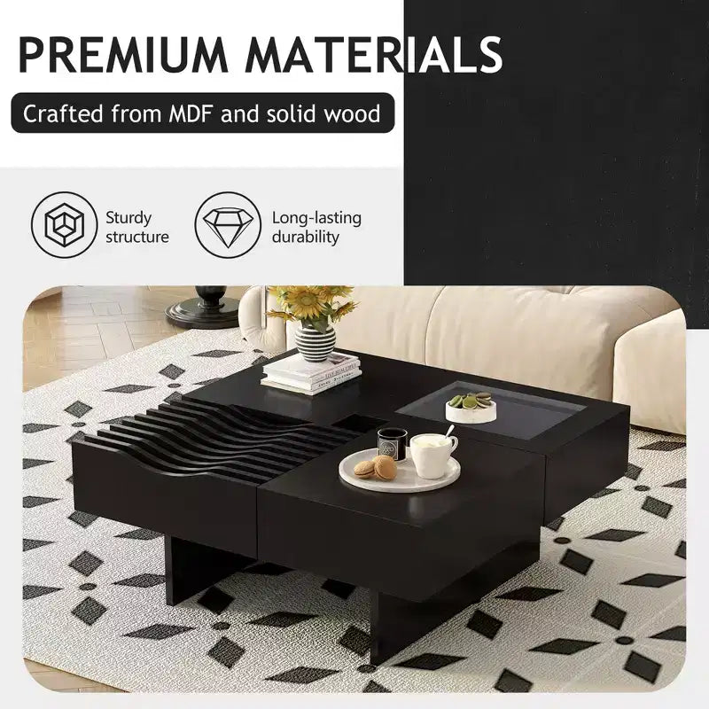 Table basse carrée extensible avec tiroirs, table basse centrale unique en verre trempé avec espace de rangement pour salon