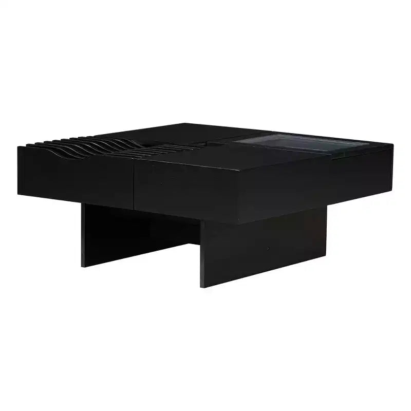 Table basse carrée extensible avec tiroirs, table basse centrale unique en verre trempé avec espace de rangement pour salon