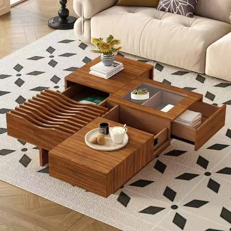 Table basse carrée extensible avec tiroirs, table basse centrale unique en verre trempé avec espace de rangement pour salon