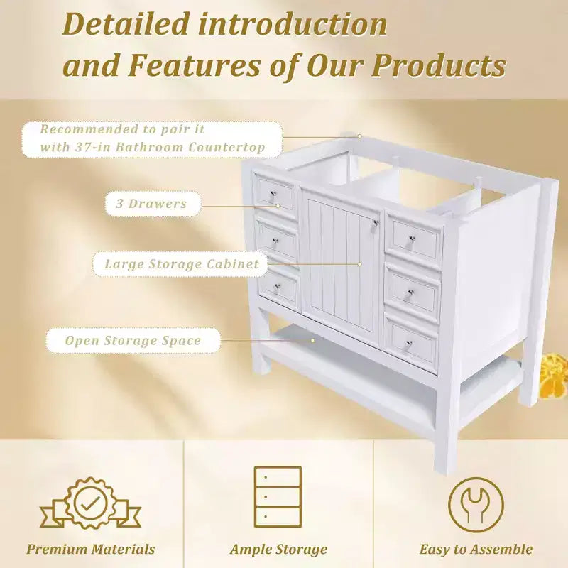 Meuble-lavabo de salle de bain de 36 pouces sans évier, 1 armoire et 3 tiroirs, cadre en bois massif, blanc