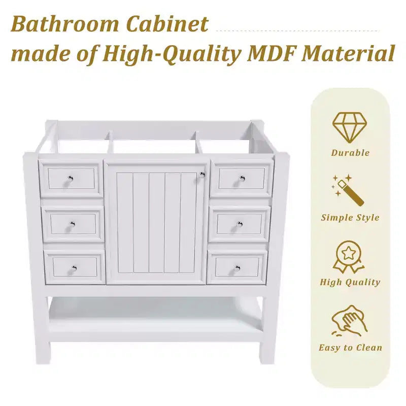 Meuble-lavabo de salle de bain de 36 pouces sans évier, 1 armoire et 3 tiroirs, cadre en bois massif, blanc