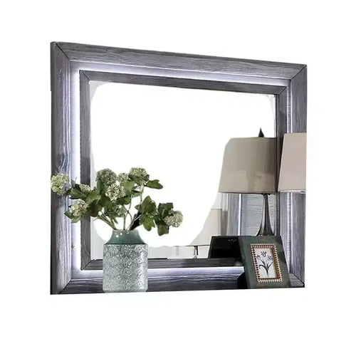 Miroir de commode de 46 pouces avec lumières LED blanches, cadre en bois massif gris