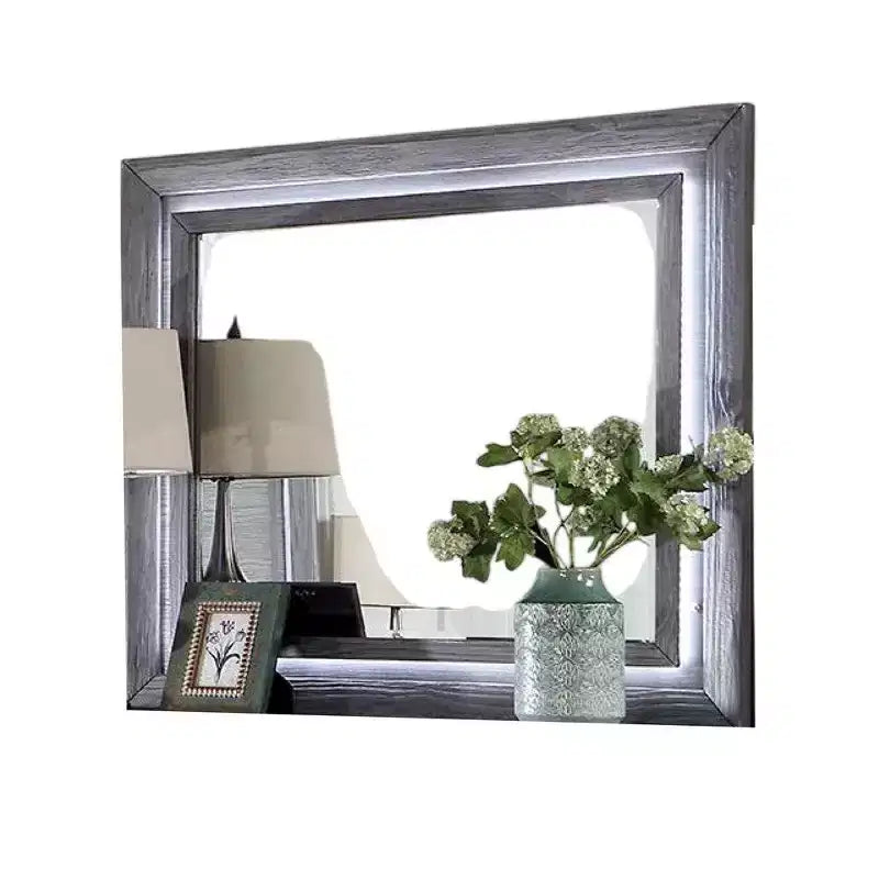 Miroir de commode de 46 pouces avec lumières LED blanches, cadre en bois massif gris