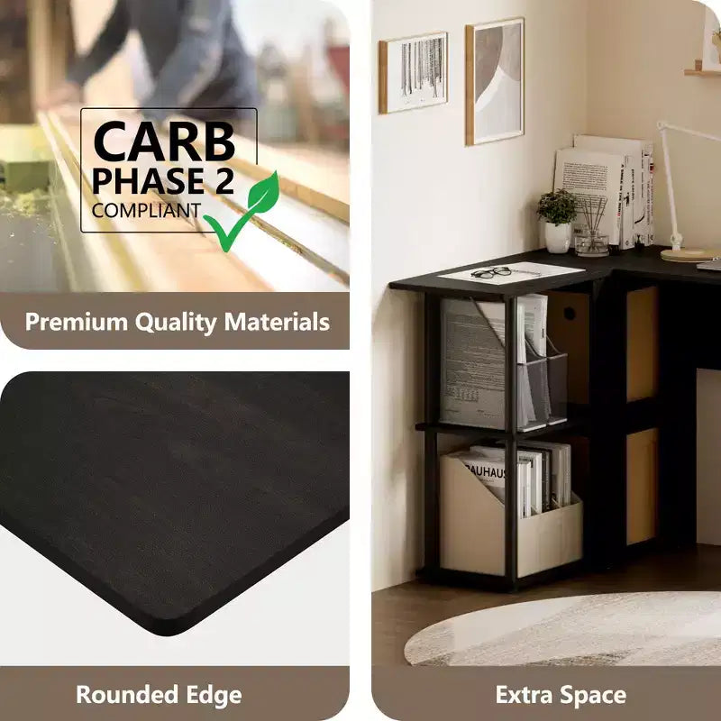Bureau d'angle en L avec étagères de rangement ouvertes pour bureau à domicile