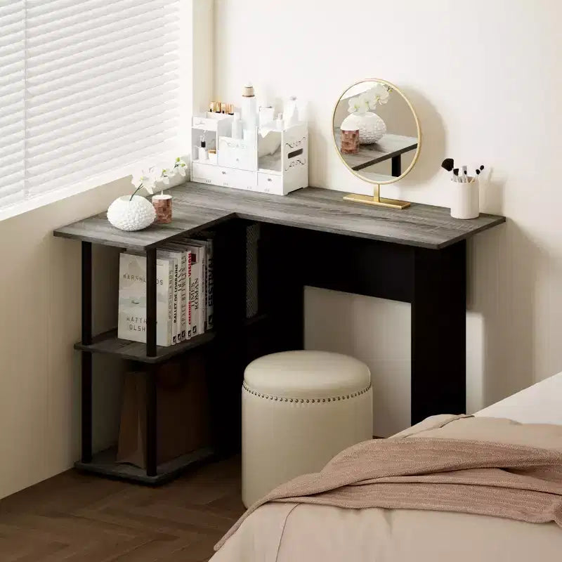 Bureau d'angle en L avec étagères de rangement ouvertes pour bureau à domicile
