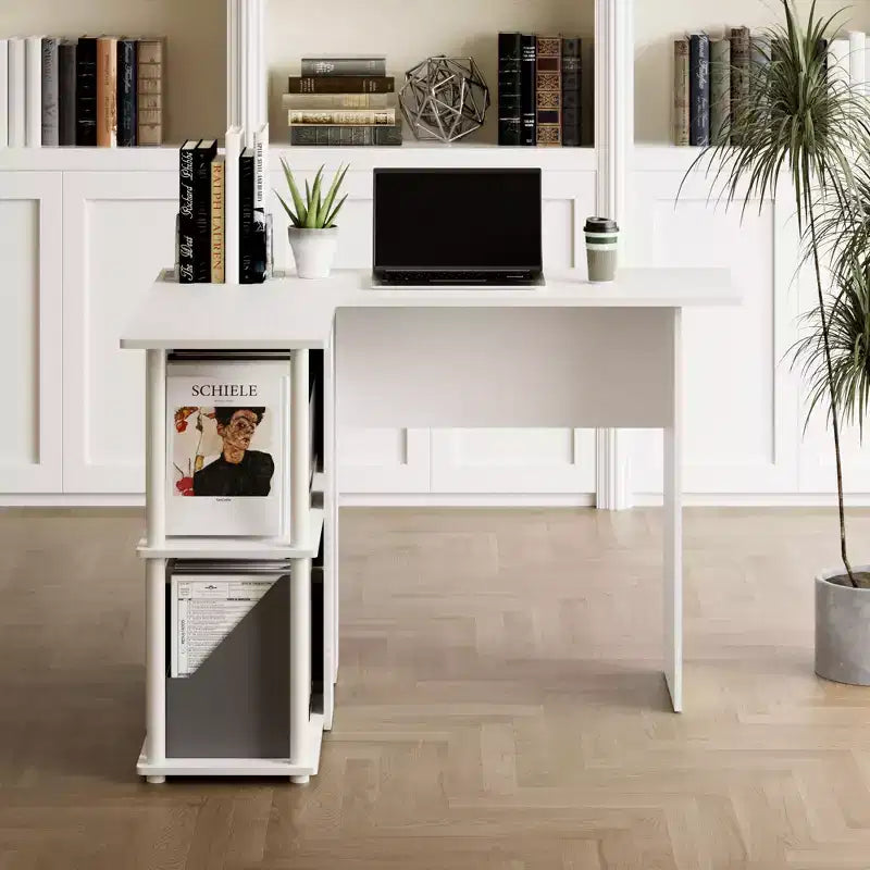 Bureau d'angle en L avec étagères de rangement ouvertes pour bureau à domicile