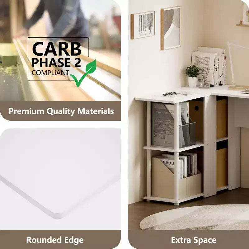 Bureau d'angle en L avec étagères de rangement ouvertes pour bureau à domicile