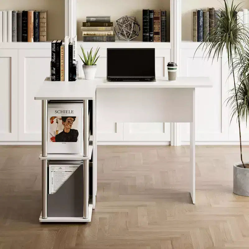 Bureau d'angle en L avec étagères de rangement ouvertes pour bureau à domicile