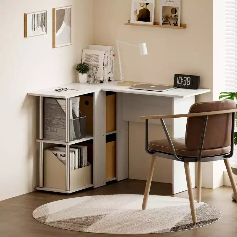 Bureau d'angle en L avec étagères de rangement ouvertes pour bureau à domicile