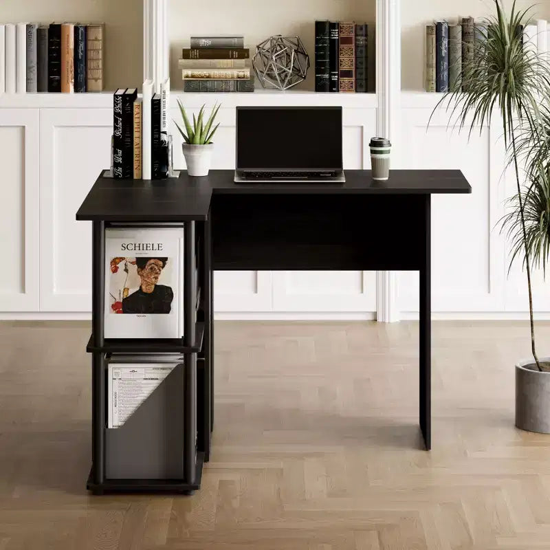 Bureau d'angle en L avec étagères de rangement ouvertes pour bureau à domicile