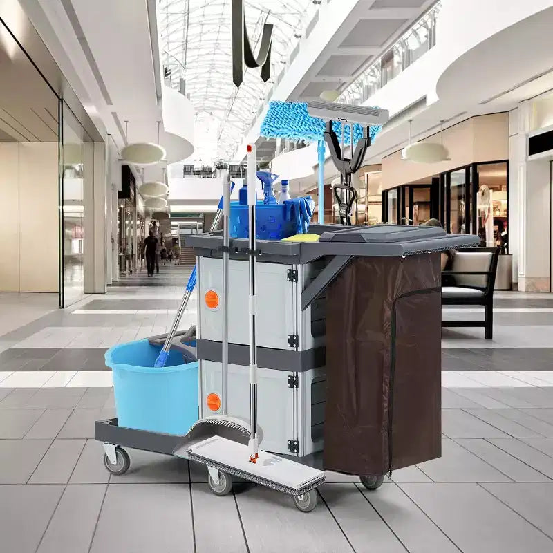 COZONY Commercial Janitorial Cart, 3-Shelf Housekeeping Cleaning Cart with 2 Cabinets, Cover & Oxford Bag, Traditional Janitorial Cart for Hotel