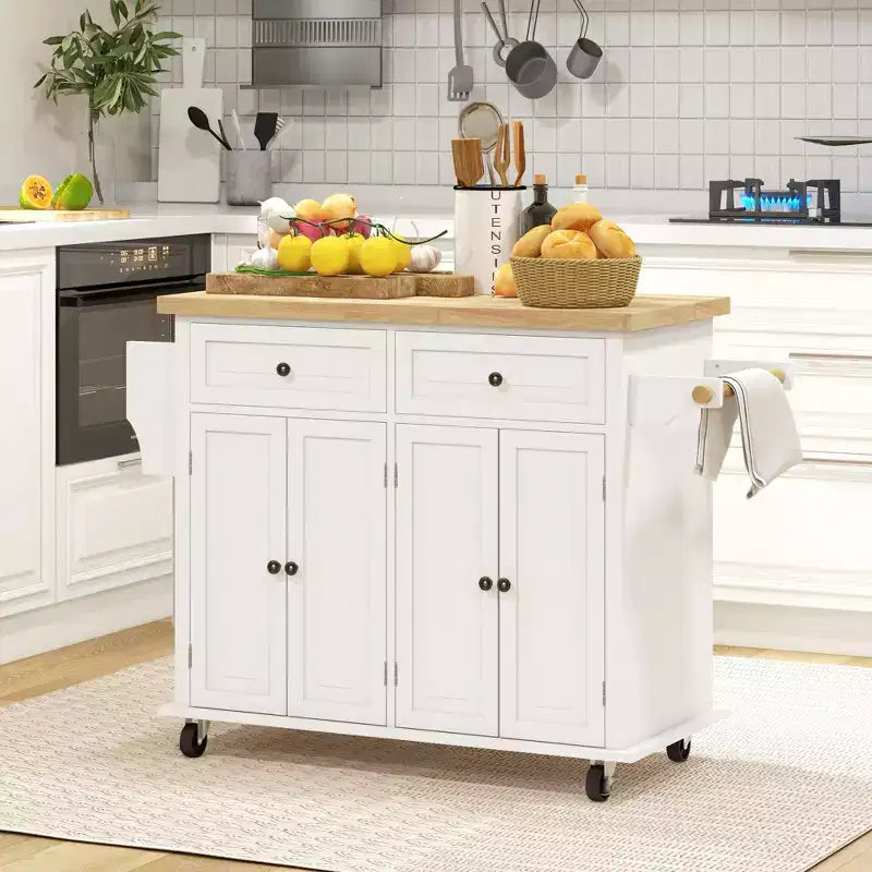 Îlot de cuisine sur roulettes, Chariot roulant avec plateau en bois d'hévéa, Porte-épices, Porte-serviettes et Tiroirs