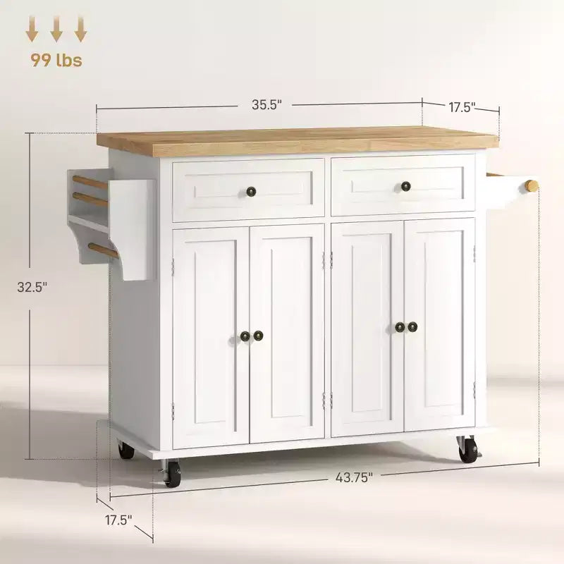 Îlot de cuisine sur roulettes, Chariot roulant avec plateau en bois d'hévéa, Porte-épices, Porte-serviettes et Tiroirs