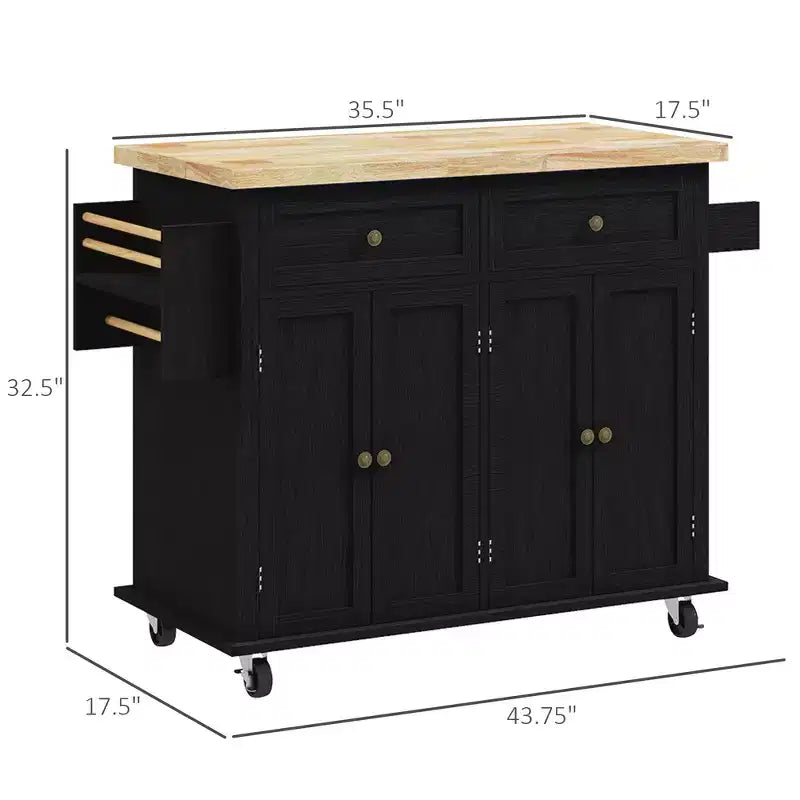 Îlot de cuisine sur roulettes, Chariot roulant avec plateau en bois d'hévéa, Porte-épices, Porte-serviettes et Tiroirs
