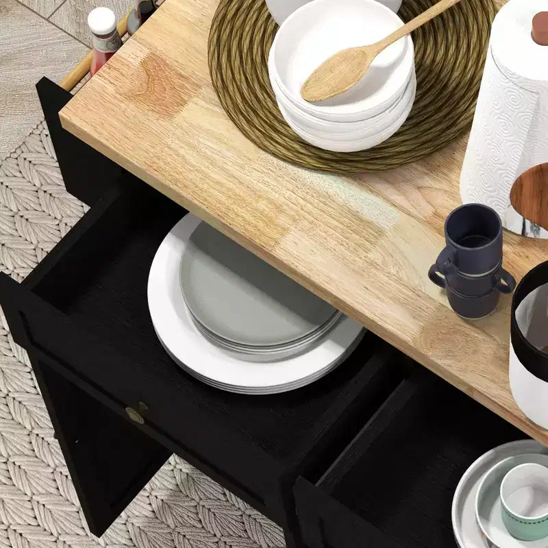 Îlot de cuisine sur roulettes, Chariot roulant avec plateau en bois d'hévéa, Porte-épices, Porte-serviettes et Tiroirs
