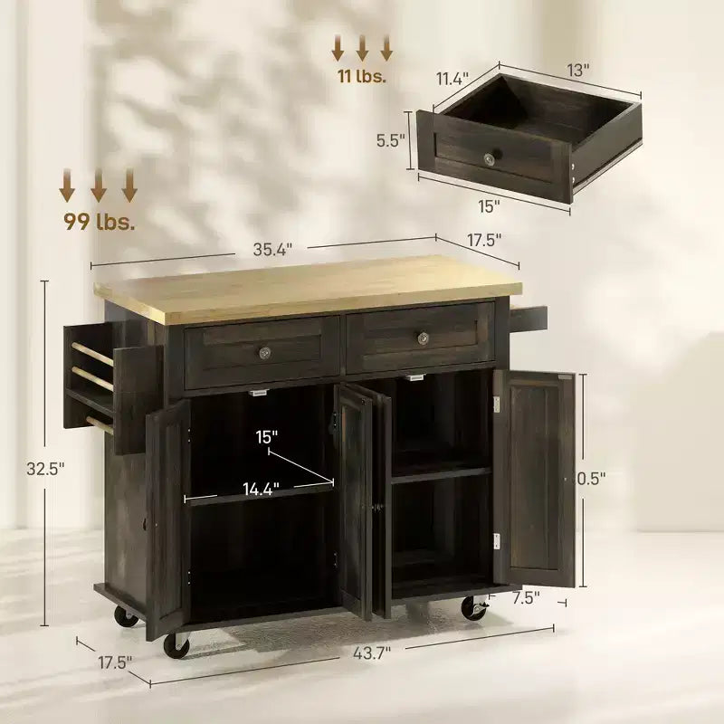 Îlot de cuisine sur roulettes, Chariot roulant avec plateau en bois d'hévéa, Porte-épices, Porte-serviettes et Tiroirs