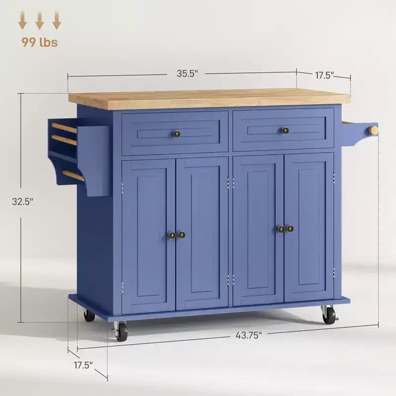 Îlot de cuisine sur roulettes, Chariot roulant avec plateau en bois d'hévéa, Porte-épices, Porte-serviettes et Tiroirs