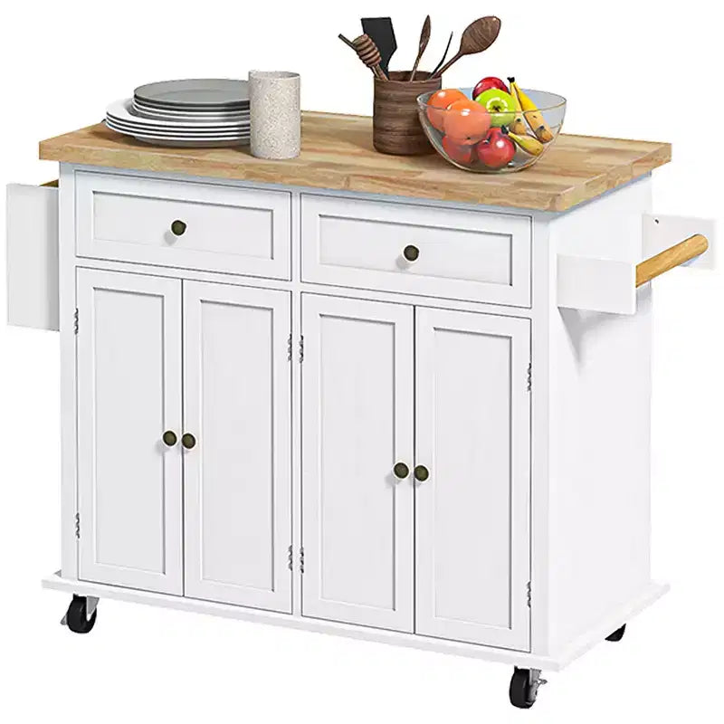 Îlot de cuisine sur roulettes, Chariot roulant avec plateau en bois d'hévéa, Porte-épices, Porte-serviettes et Tiroirs