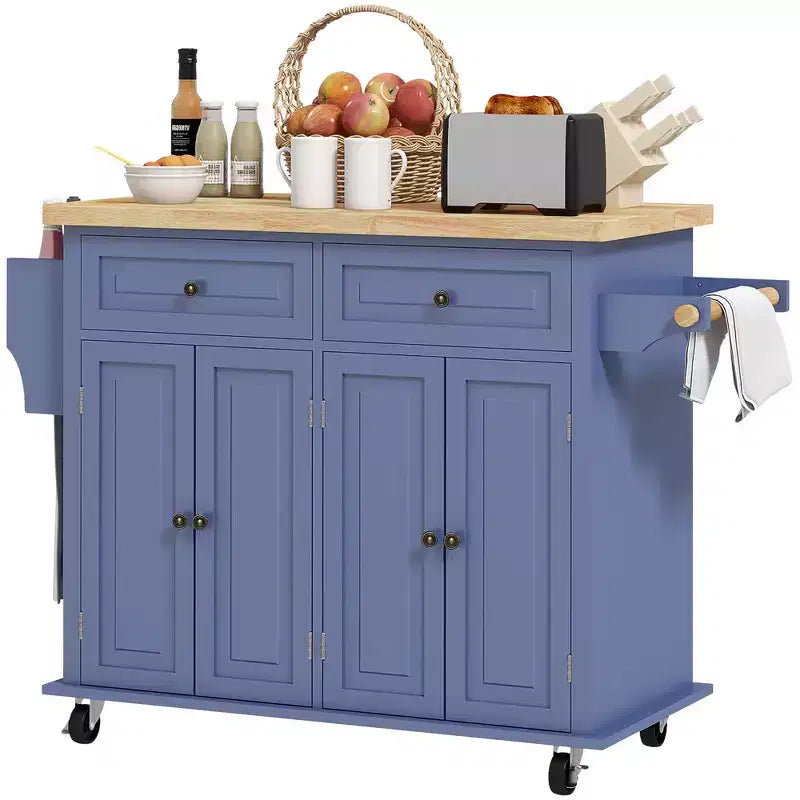 Îlot de cuisine sur roulettes, Chariot roulant avec plateau en bois d'hévéa, Porte-épices, Porte-serviettes et Tiroirs