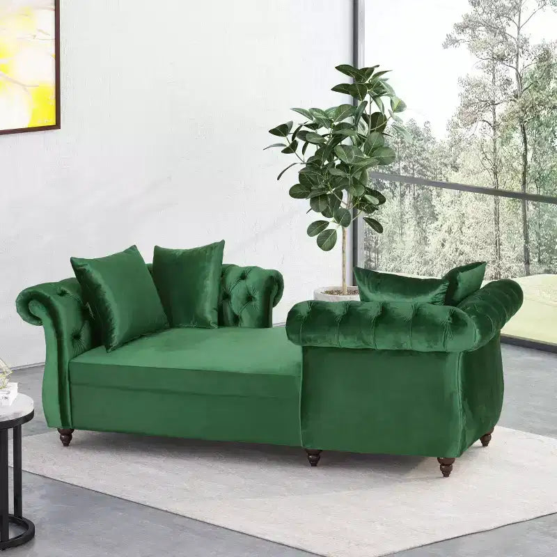 Méridienne double en velours capitonné style glamour moderne avec coussins décoratifs