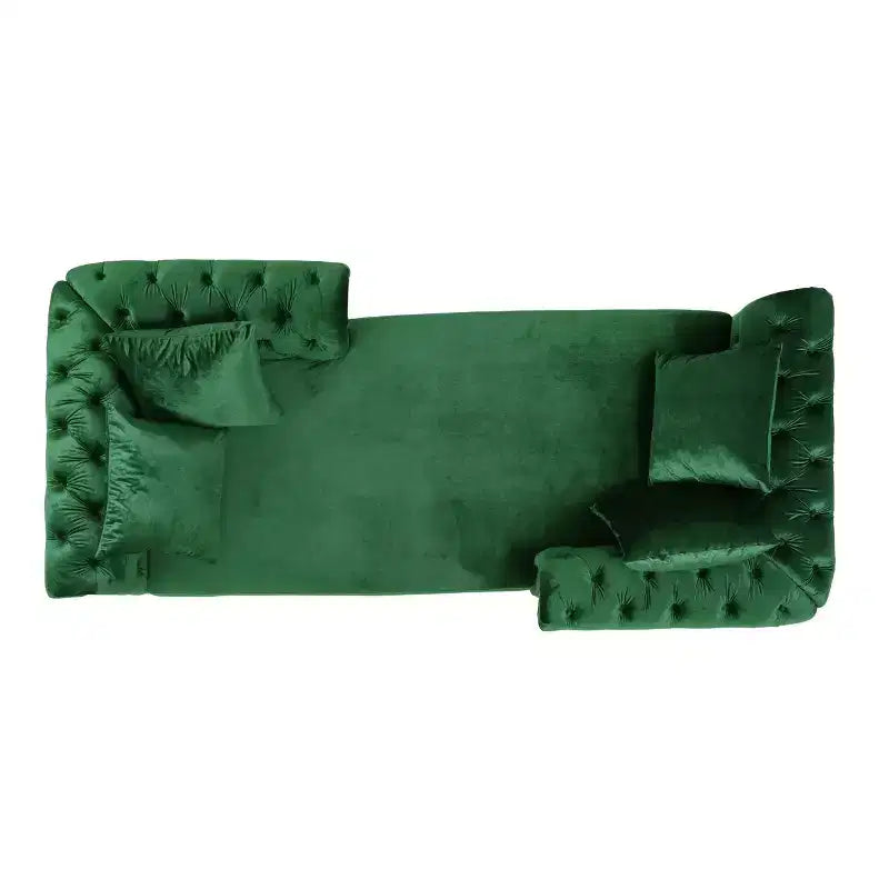 Méridienne double en velours capitonné style glamour moderne avec coussins décoratifs