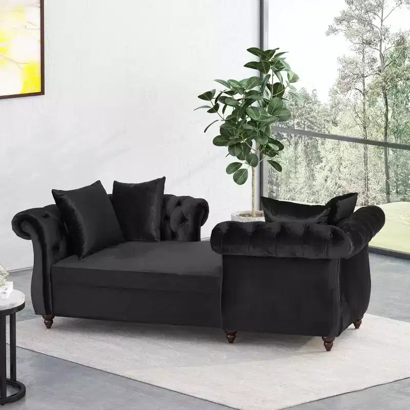 Méridienne double en velours capitonné style glamour moderne avec coussins décoratifs
